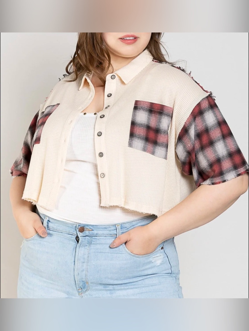 POL Clothing Mixed Media Waffle-Knit & Plaid Button-Down Shirt